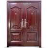 Elegant double wooden doors with intricate carvings and polished handles, showcasing rich mahogany wood grain. Its Called Steel Door Victoria Double Heavy Duty 1.5M*2.1M